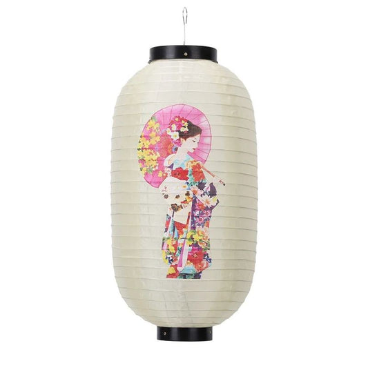 Lanterne Japonaise Blanche Avec Motif Geisha Et Ombrelle