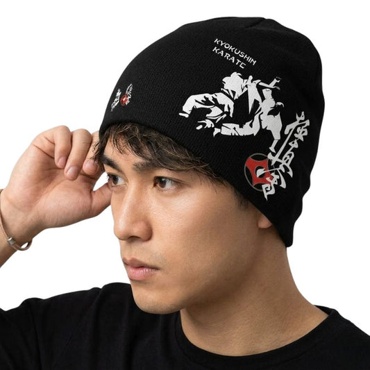 Bonnet Japonais Noir Style Karaté Avec Motif Combattant