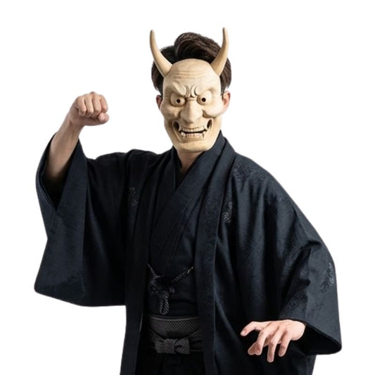 Masque Nô En Bois Sculpté Avec Cornes Longues
