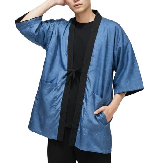 Hanten Homme Style Japonais Uni Bleu
