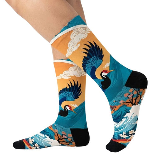 Chaussette Japonaise Imprimé Grue Et Vagues