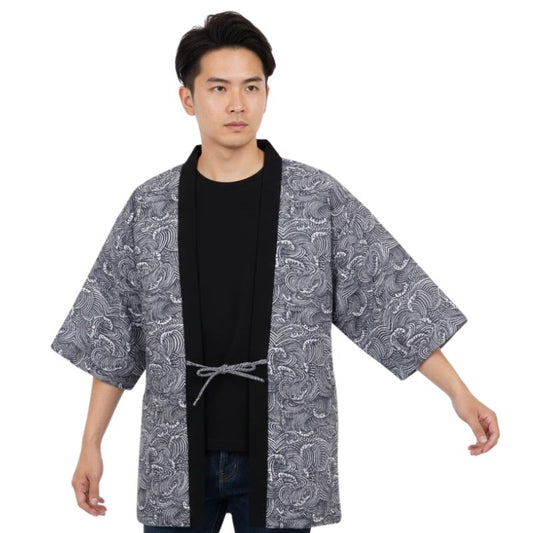 Hanten Homme Japonais Gris à Motif Vagues Traditionnelles