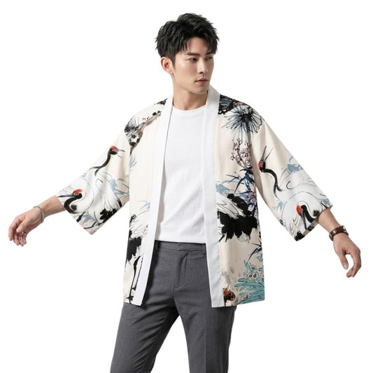 Haori Homme Style Japonais Traditionnel Grues Symboliques