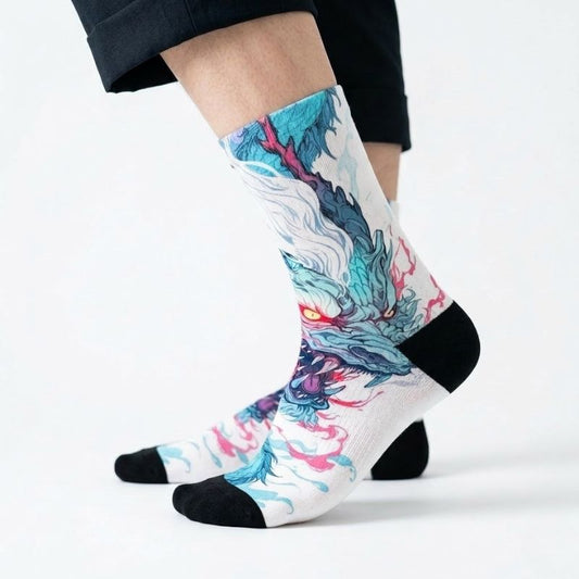 Chaussette Japonaise Imprimé Dragon Bleu Aux Yeux Rouge