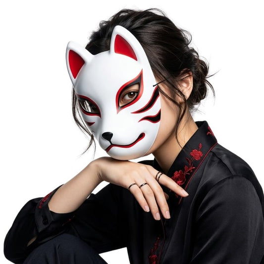 Masque Kitsune Japonais Rigide Avec Motif Renard Stylisé