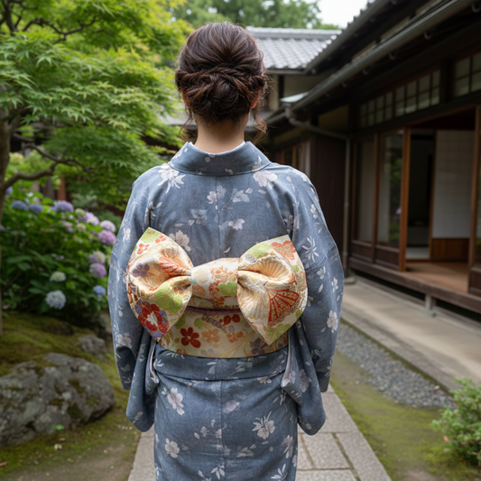 Ceinture Obi Ivoire Brocart Avec Motifs Floraux Colorés