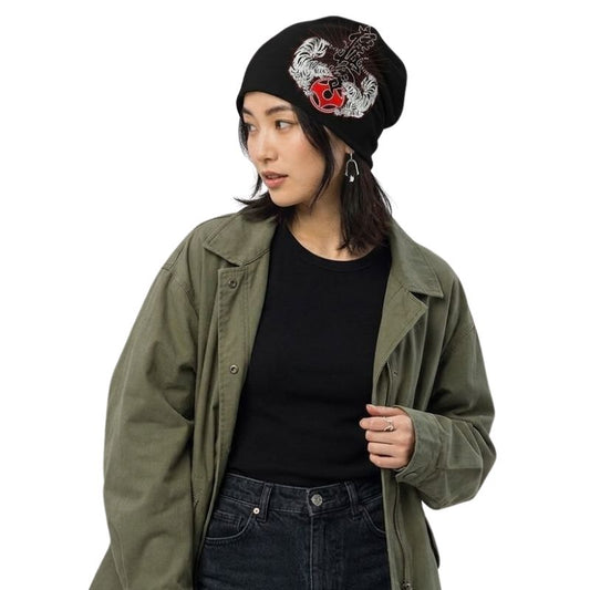Bonnet Japonais Avec Motif Tigres Blancs Et Symbole Rouge