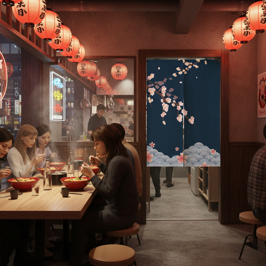 Noren Japonais Avec Branche Sakura En Fleur Et Motif Vagues