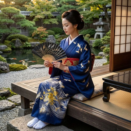 Kimono Traditionnel Bleu Nuit Avec Motifs Grues Et Vagues Élégantes