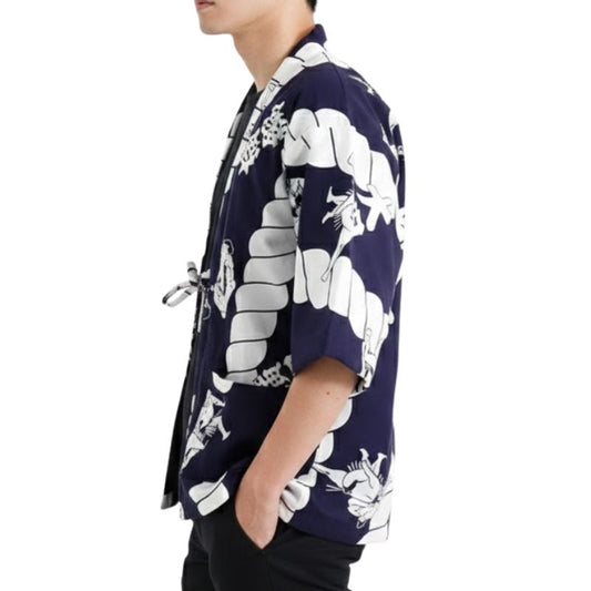 Hanten Homme Japonais Bleu à Motifs Traditionnels