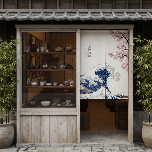 Noren Japonais Motif Grande Vague Et Sakura