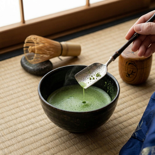 Cuillère Matcha En Acier Texturé Avec Poignée Bambou Élégante
