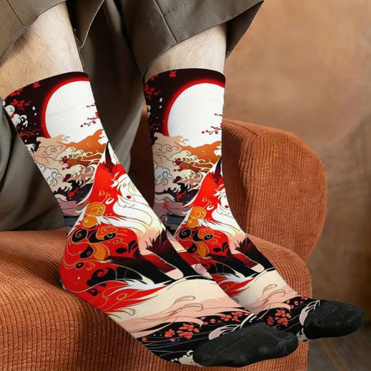 Chaussette Japonaise Imprimé Renard Rouge Et Lune Mystique