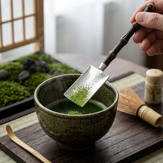 Cuillère Matcha En Acier Martelé Avec Manche Bambou