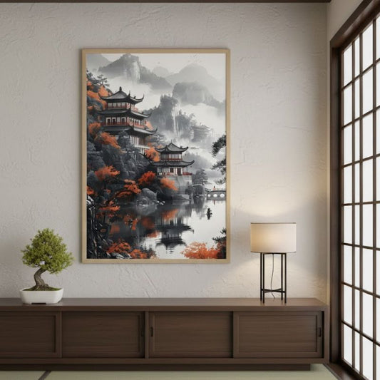 Tableau Japonais Avec Montagnes En Brume Et Sanctuaire Élégant