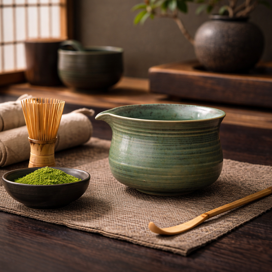 Bol Matcha En Céramique Verte Avec Bec Verseur Et Finition Striée