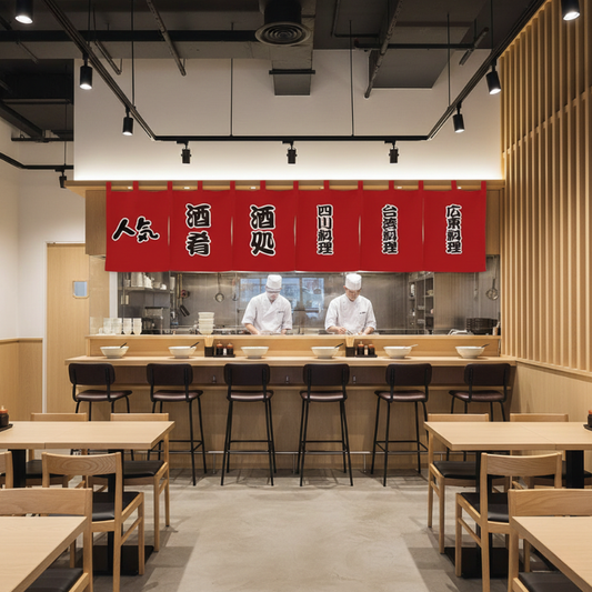 Noren Japonais Rouge Avec Inscriptions Kanji Et Style Restaurant