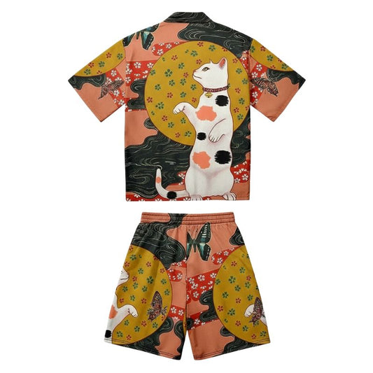 Ensemble Kimono Japonais Avec Motif Chat Maneki Neko Porte Bonheur