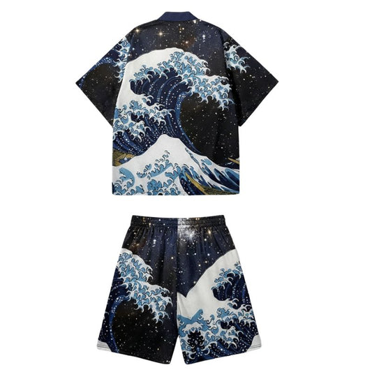 Ensemble Kimono Japonais Avec Motif Vagues Nocturnes