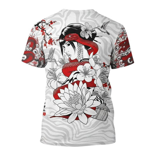 T-Shirt Japonais En Blanc Avec Femme Geisha Et Fleurs Lotus