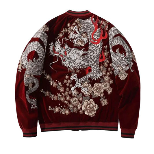 Sukajan Homme En Satin Avec Dragon Enroulé Et Pivoines Brodées