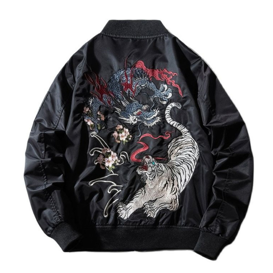 Sukajan Homme Noir Avec Broderie Dragon Et Tigre Japonaise