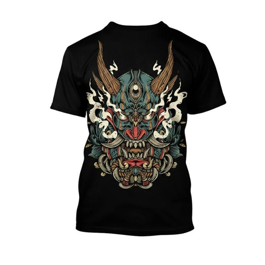 T-Shirt Japonais En Noir Avec Masque Oni Et Illustration Démon