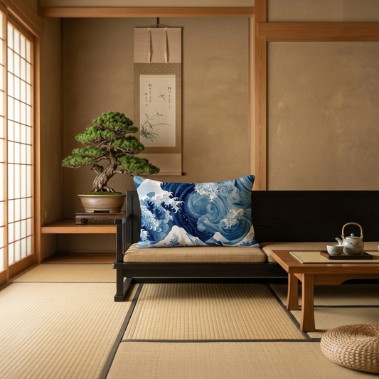 Coussin Japonais Design Artistique Motif Vague