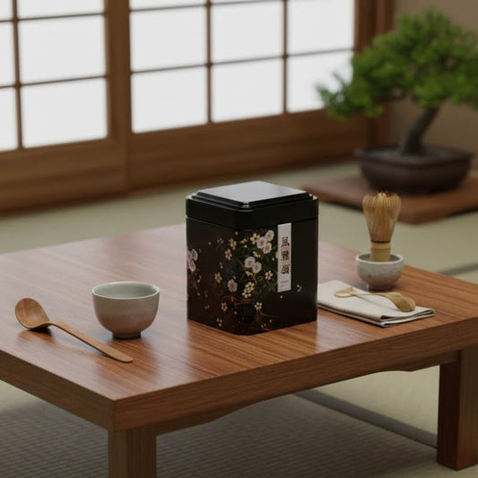 Boîte à Thé Japonaise Noire au Design Floral