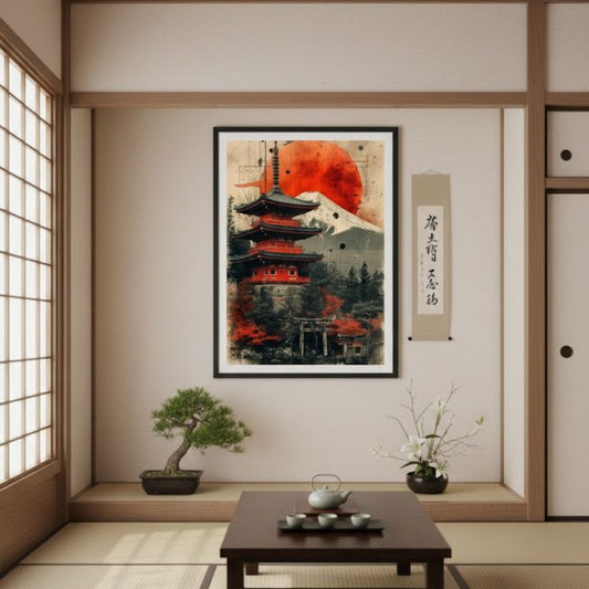 Tableau Japonais En Style Artistique Avec Temple Traditionnel
