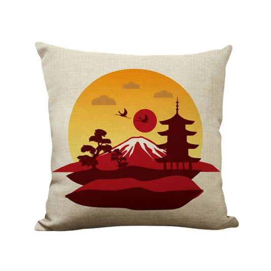 Coussin Japonais Carré Motif Mont Fuji Et Pagode Au Soleil Couchant, Coussin Japonais Carré