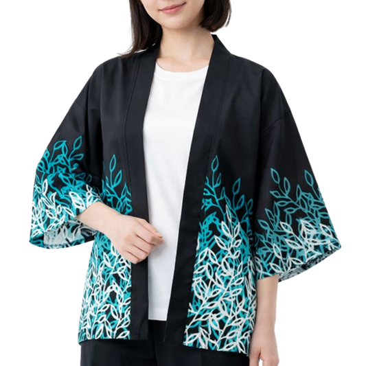 Haori Femme Noir En Motif Feuillage Bleu Et Blanc