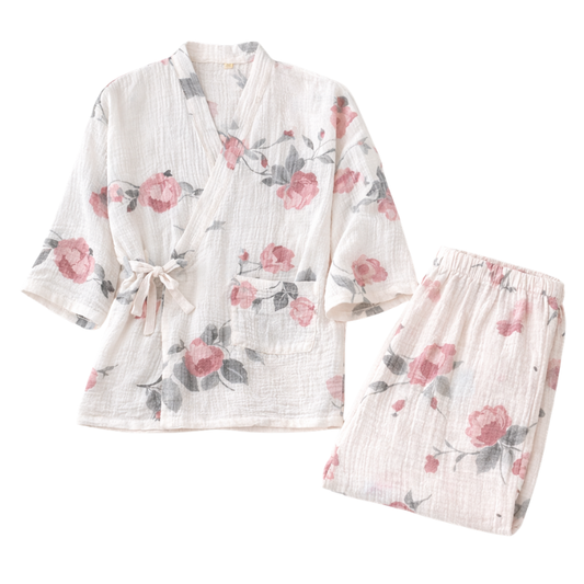 Kimono En Ensemble Pyjama Blanc Avec Motifs Fleurs Douces