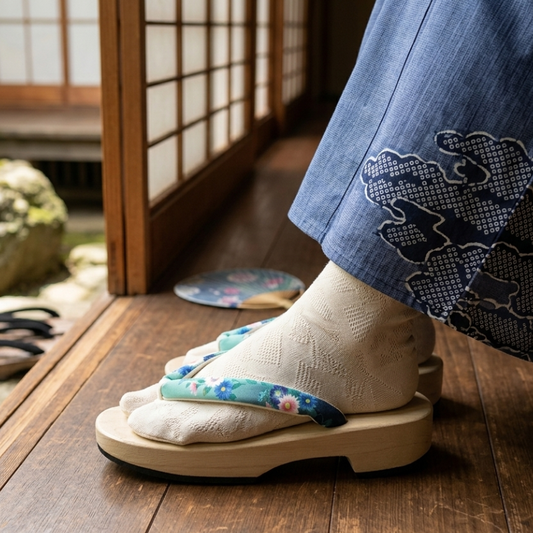 Sandales Geta Avec Lanière Turquoise Fleurie