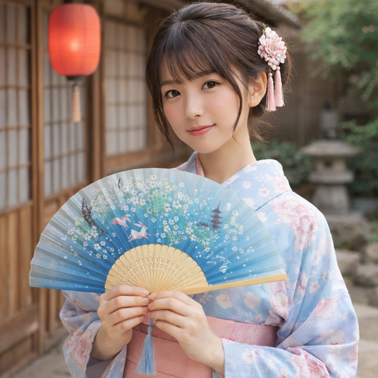 Éventail Japonais Bleu Dégradé Avec Motif Lapins Et Fleurs