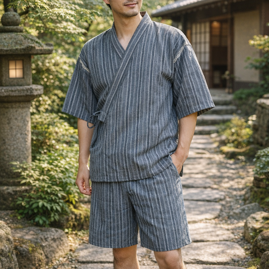 Jinbei Homme Japonais Rayé en Ensemble Veste Et Short