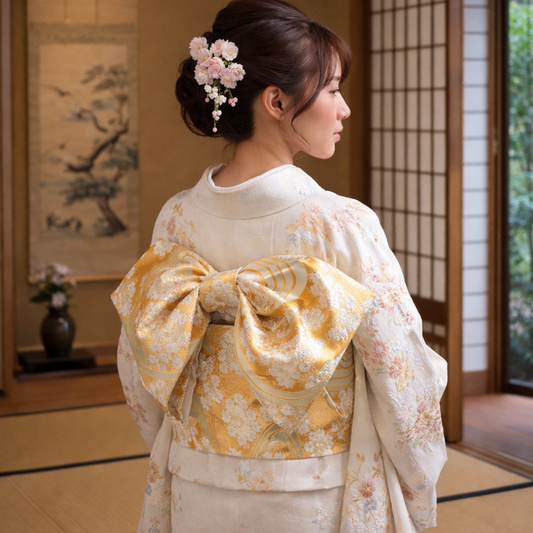 Ceinture Obi Brocart Blanc Et Or Avec Motifs Floraux