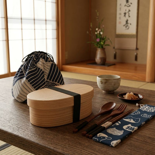 Boîte Bento Japonaise En Bois Avec Sac & Couverts