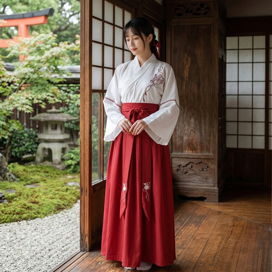 Robe Japonaise Blanche Et Rouge Avec Manches Amples Traditionnelles