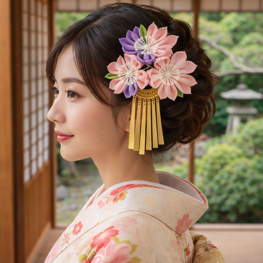 Kanzashi Fleur Sakura Avec Ornement Doré Élégant