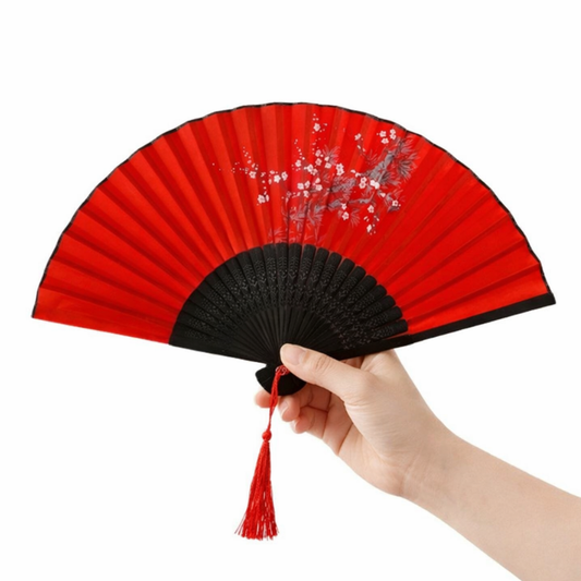 Éventail Japonais Traditionnel Rouge Avec Manche Noir