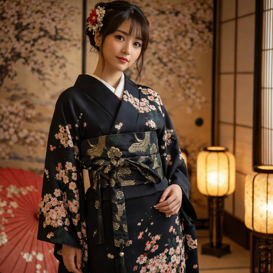 Ceinture Obi Noire À Motif Grue Dorée