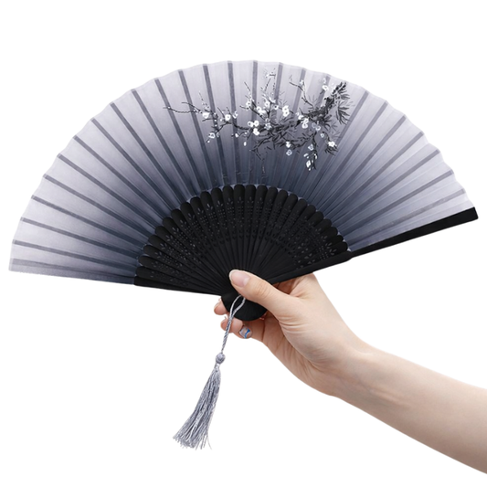 Éventail Japonais Gris Dégradé Avec Motif Branche Fleurie