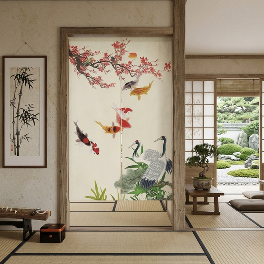 Noren Japonais Avec Carpes Koï Colorées Et Grues Élégantes
