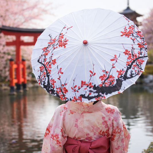 Parapluie Japonais Blanc Motif Fleurs De Cerisier Rouges