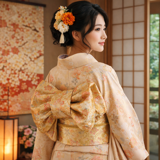 Ceinture Obi Japonaise Or Satiné Motifs Fleurs