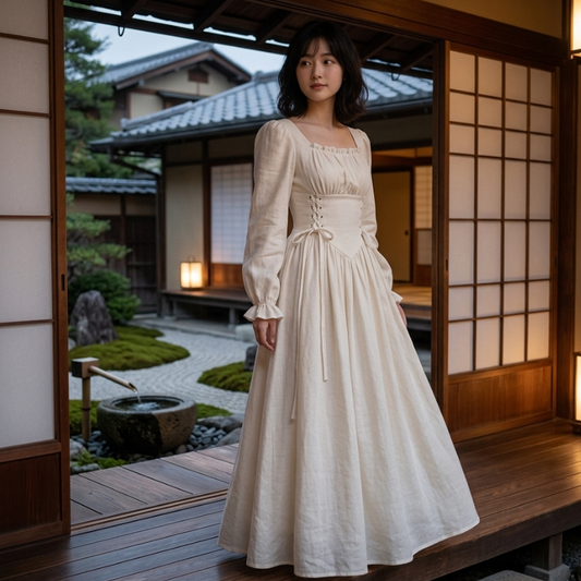 Robe Japonaise Blanche Avec Col Carré Et Taille Cintrée Élégante