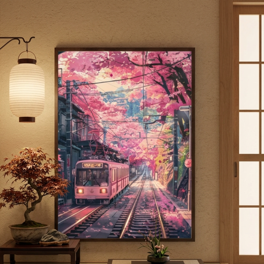 Tableau Japonais Décoratif Avec Train Et Ambiance Printemps