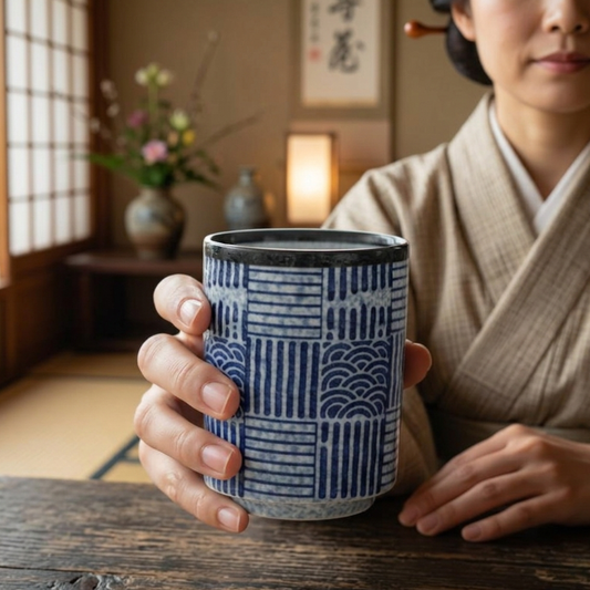 Tasse Japonaise en Céramique Bleue À Motifs Traditionnels