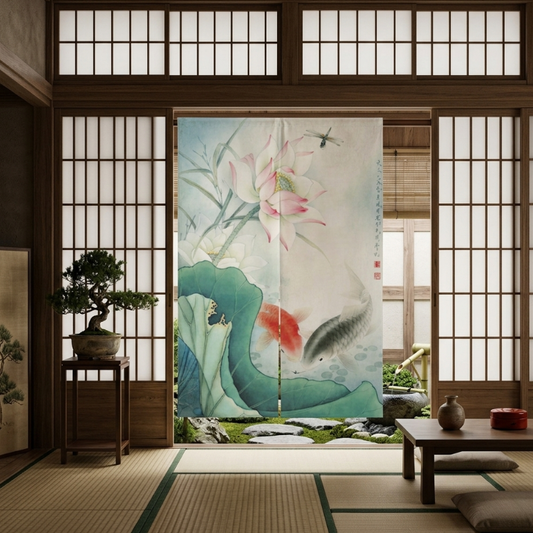 Noren Japonais Avec Fleur De Lotus Élégante Et Carpes Koï Artistiques